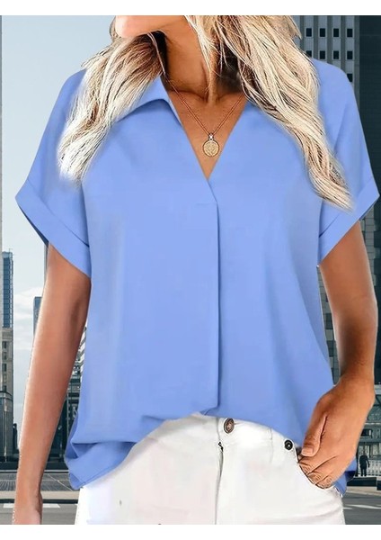 Cottonlab Kadın Kısa Kollu Yakalı Uzun Sandy Bluz