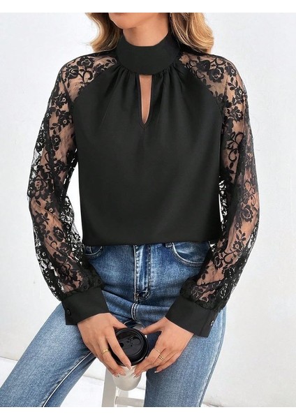 Cottonlab Kadın Uzun Kollu Göğüs Pencere Detay Yaka Boğazlı Kolları Tüllü Sandy Bluz fiyatları