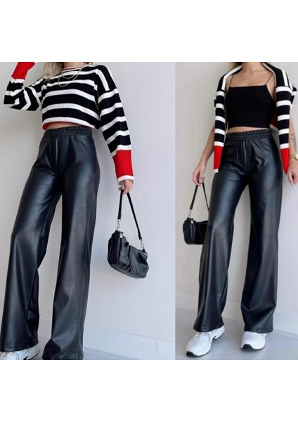 Cottonlab Kadın Yüksek Bel Beli Lastikli Geniş Paçalı Deri Pantolon