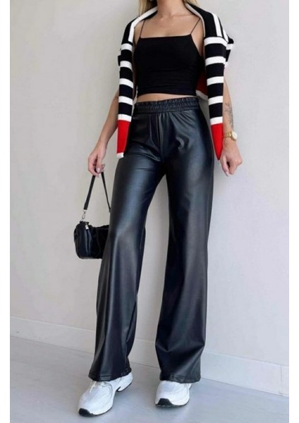 Cottonlab Kadın Yüksek Bel Beli Lastikli Geniş Paçalı Deri Pantolon fiyatları