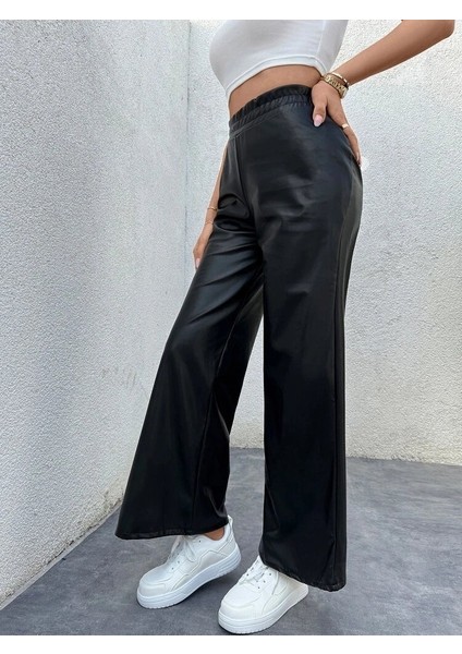 Cottonlab Kadın Yüksek Bel Beli Lastikli Geniş Paçalı Deri Pantolon indirimleri