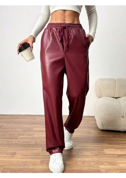 Cottonlab Kadın Yüksel Bel Bağcıklı Deri Pantolon