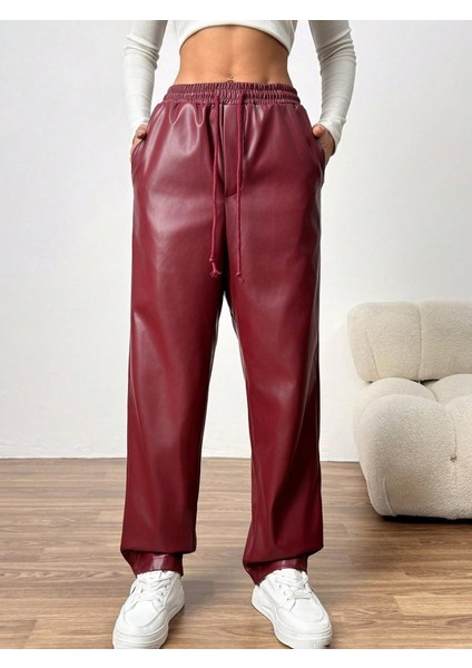 Cottonlab Kadın Yüksel Bel Bağcıklı Deri Pantolon modelleri