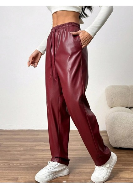 Cottonlab Kadın Yüksel Bel Bağcıklı Deri Pantolon fırsatları