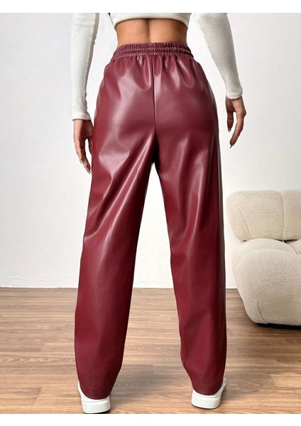 Cottonlab Kadın Yüksel Bel Bağcıklı Deri Pantolon indirimleri