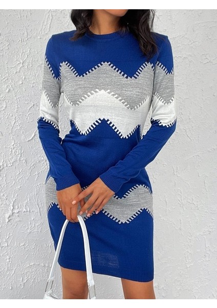 Cottonlab Kadın Uzun Kollu Zigzag Desen Triko Elbise indirimleri