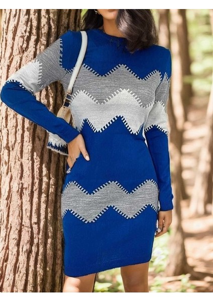 Cottonlab Kadın Uzun Kollu Zigzag Desen Triko Elbise