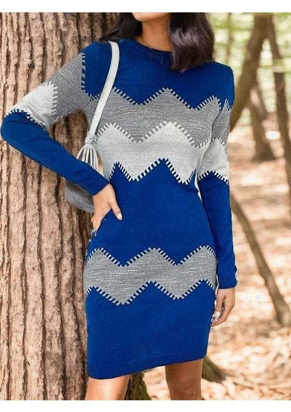 Cottonlab Kadın Uzun Kollu Zigzag Desen Triko Elbise