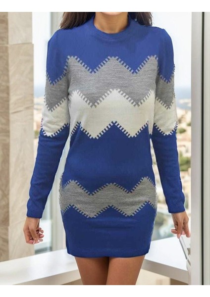 Cottonlab Kadın Uzun Kollu Zigzag Desen Triko Elbise