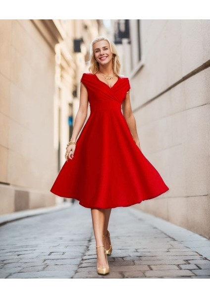 Cottonlab Kadın Kısa Kollu Kruvaze Yaka Eteği Volanlı Krep Elbise indirimleri