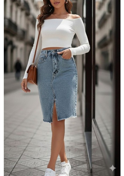 Cottonlab Kadın Elastik Bel Yırtık Kenar Detaylı Kot Etek