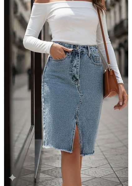 Cottonlab Kadın Elastik Bel Yırtık Kenar Detaylı Kot Etek