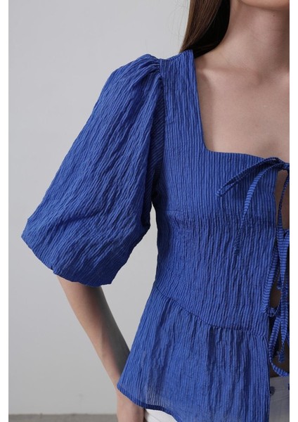 Cottonlab Kare Yaka Balon Kol Bluz - Mavi fırsatları