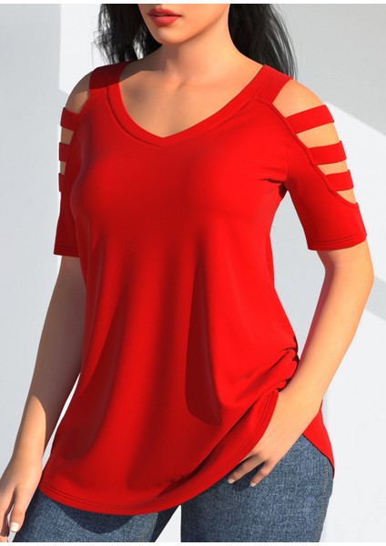 Cottonlab Kadın Kısa Kollu Kollar Şerit Detay V Yaka Viskon Bluz modelleri