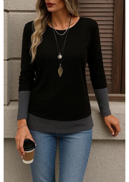 Cottonlab Kadın Uzun Kollu Açık Yuvarlak Yaka Blok Renkli Viskon Bluz