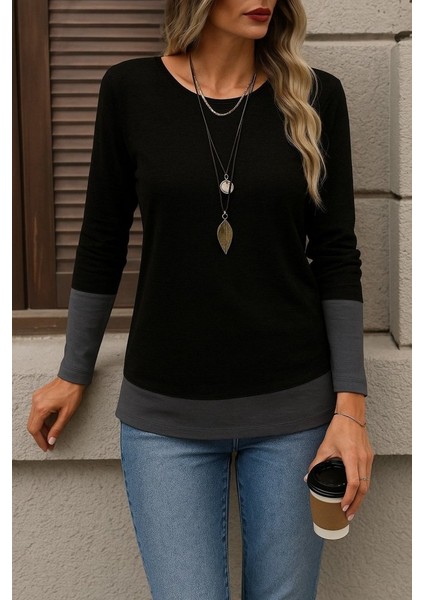 Cottonlab Kadın Uzun Kollu Açık Yuvarlak Yaka Blok Renkli Viskon Bluz modelleri