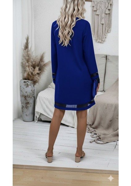 Cottonlab Kadın Uzun Kollu V Yakalı Tül Şerit Detaylı Mini Krep Elbise modelleri