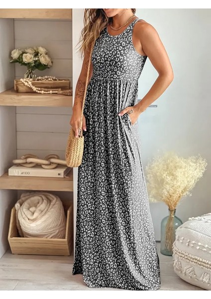 Cottonlab Kadın Kalın Askılı Yuvarlak Yaka Cepli Süprem Maksi Elbise