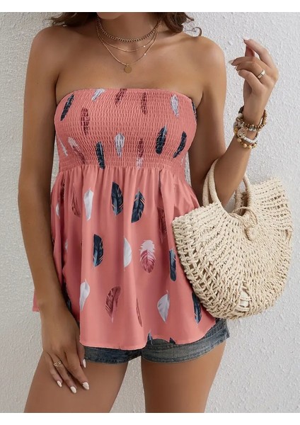 Cottonlab Kadın Yaprak Desenli Göğsü Gipeli Mosskrep Straplez Bluz fırsatları