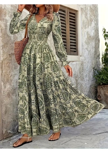 Cottonlab Kadın Uzun Kollu V Yakalı Desenli Süprem Elbise fiyatları