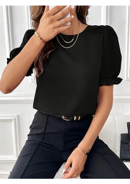 Cottonlab Kadın Kısa Kollu Bisiklet Yaka Kolları Gipeli Ithal Krep Bluz