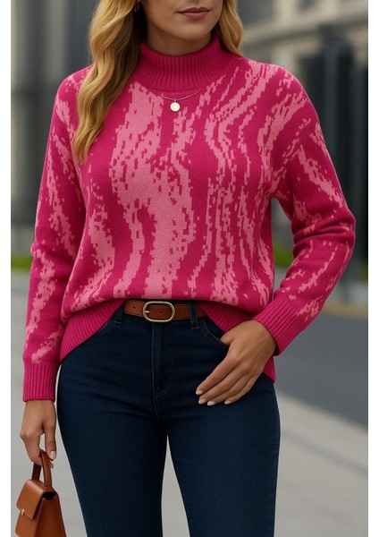 Cottonlab Kadın Uzun Kollu Balıkçı Yaka Çok Renkli Triko Bluz