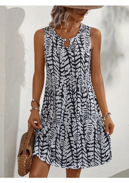 Cottonlab Kadın Sıfır Kol Yakadan Halka Detaylı Desenli Kısa Bürümcük Elbise modelleri