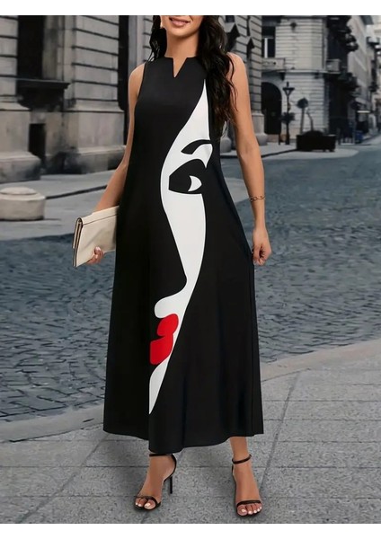 Cottonlab Kadın Sıfır Kol V Yakalı Kadın Yüz Desenli Süprem Elbise