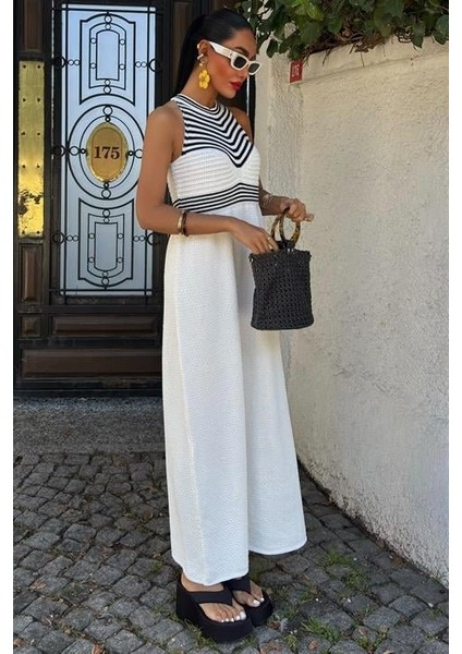 Cottonlab Roba Çizgili Uzun Triko Elbise 2858