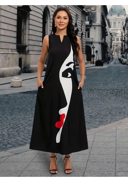 Cottonlab Kadın Sıfır Kol V Yakalı Kadın Yüz Desenli Süprem Elbise fiyatları