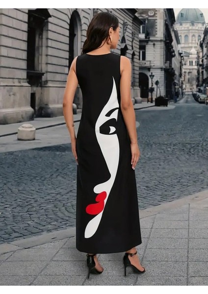 Cottonlab Kadın Sıfır Kol V Yakalı Kadın Yüz Desenli Süprem Elbise indirimleri