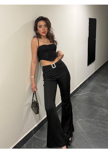 Cottonlab Kadın Yüksek Bel Tokalı Ispanyol Paçalı Dalgıç Pantolon modelleri