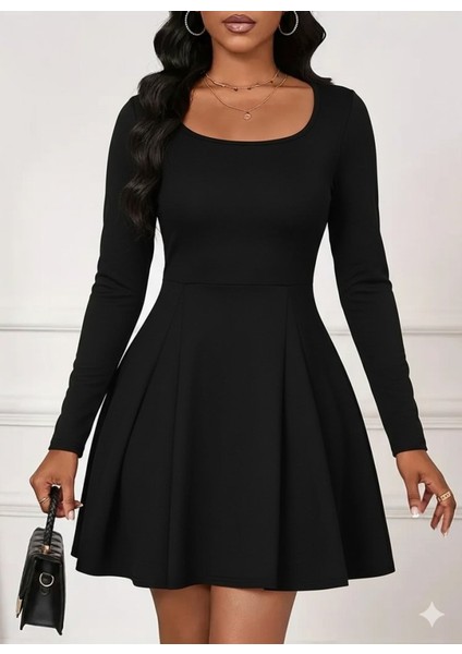 Cottonlab Kadın Uzun Kollu Kare Yakalı Mini Ithal Krep Elbise