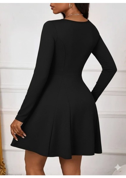 Cottonlab Kadın Uzun Kollu Kare Yakalı Mini Ithal Krep Elbise modelleri