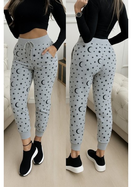 Cottonlab Kadın Yüksek Bel Bağcıklı Desenli Iki Iplik Pantolon