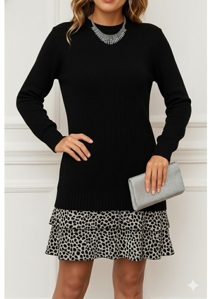 Cottonlab Kadın Uzun Kollu Üst Şardonlu Kaşkorse Alt Süprem Desenli Elbise