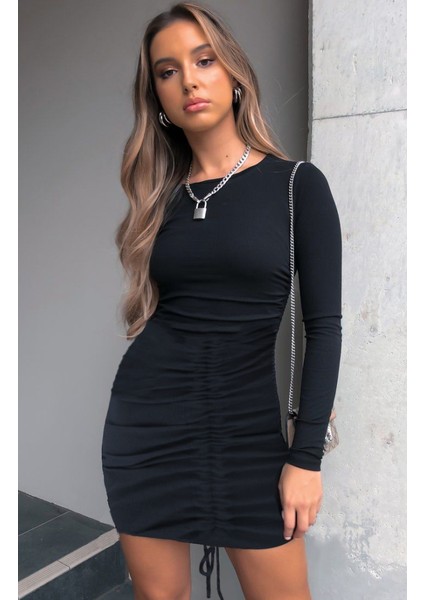 Cottonlab Kadın Uzun Kollu Bisiklet Yaka Ön Büzgülü Kaşkorse Elbise