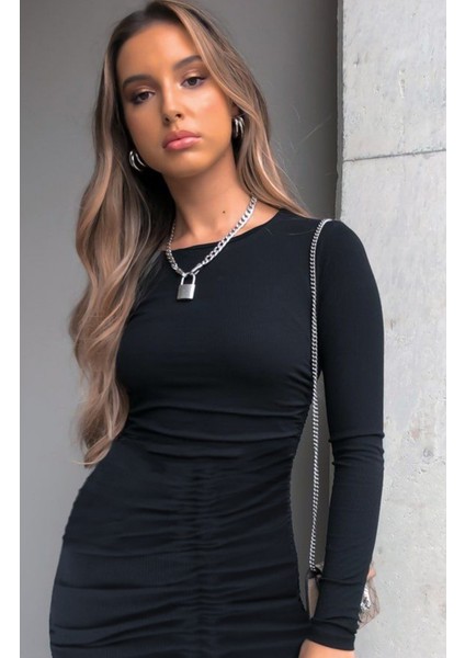 Cottonlab Kadın Uzun Kollu Bisiklet Yaka Ön Büzgülü Kaşkorse Elbise fiyatları