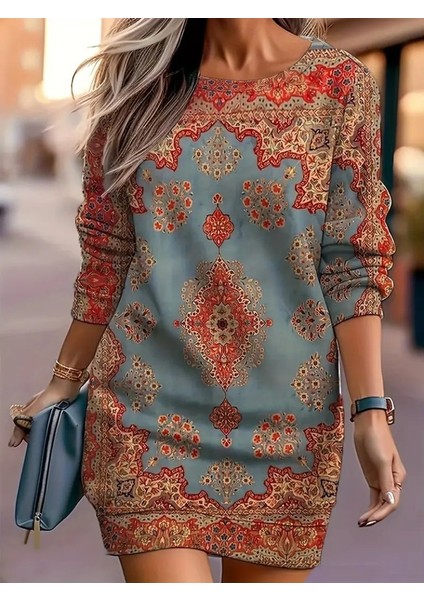 Cottonlab Kadın Uzun Kollu Yuvarlak Yaka Desenli Mini Modal Elbise