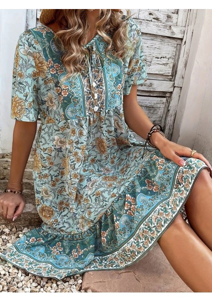 Cottonlab Kadın Kısa Kollu Yakası Bağcıklı Önden Düğmeli Fırfır Desenli Süprem Elbise