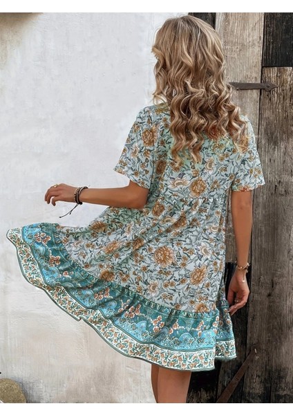 Cottonlab Kadın Kısa Kollu Yakası Bağcıklı Önden Düğmeli Fırfır Desenli Süprem Elbise fiyatları