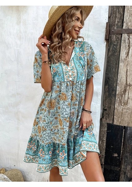 Cottonlab Kadın Kısa Kollu Yakası Bağcıklı Önden Düğmeli Fırfır Desenli Süprem Elbise modelleri