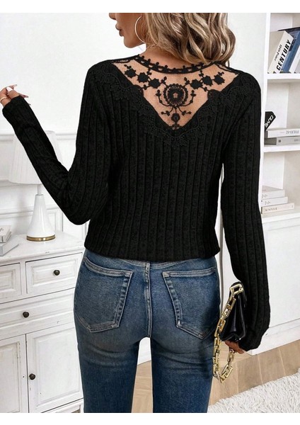 Cottonlab Kadın Uzun Kollu V Yakalı Arkadan Dantel Detaylı Şardonlu Kaşkorse Bluz