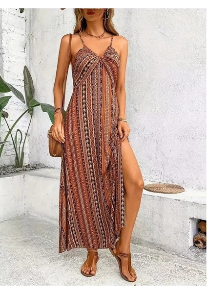 Cottonlab Kadın Ip Askılı Sırttan Çapraz Detaylı Yırtmaçlı Desenli Süprem Elbise