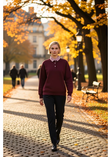 Kadın Polo Yaka Düşük Kol Düğme Detaylı Sweatshirt Fonksiyonel Dayanıklı Kaliteli Konforlu