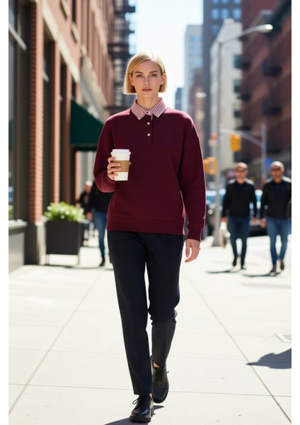 Kadın Polo Yaka Düşük Kol Düğme Detaylı Sweatshirt Fonksiyonel Dayanıklı Kaliteli Konforlu fiyatları