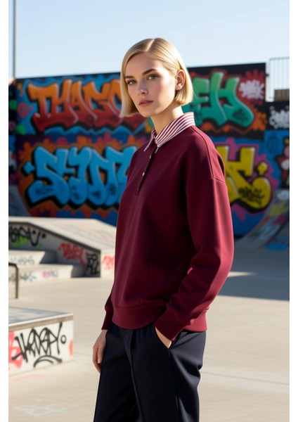 Kadın Polo Yaka Düşük Kol Düğme Detaylı Sweatshirt Fonksiyonel Dayanıklı Kaliteli Konforlu indirimleri