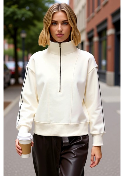 Kadın Dik Yaka Fermuarlı Düşük Kol Regular Kesim Örme Sweatshirt Fonksiyonel Dayanıklı Şık fiyatları