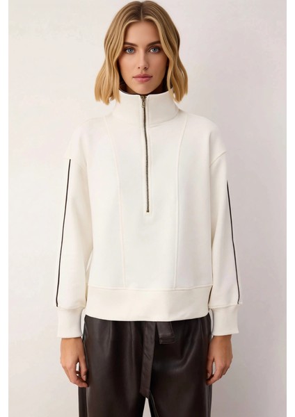 Kadın Dik Yaka Fermuarlı Düşük Kol Regular Kesim Örme Sweatshirt Fonksiyonel Dayanıklı Şık modelleri