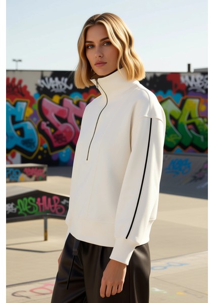 Kadın Dik Yaka Fermuarlı Düşük Kol Regular Kesim Örme Sweatshirt Fonksiyonel Dayanıklı Şık indirimleri